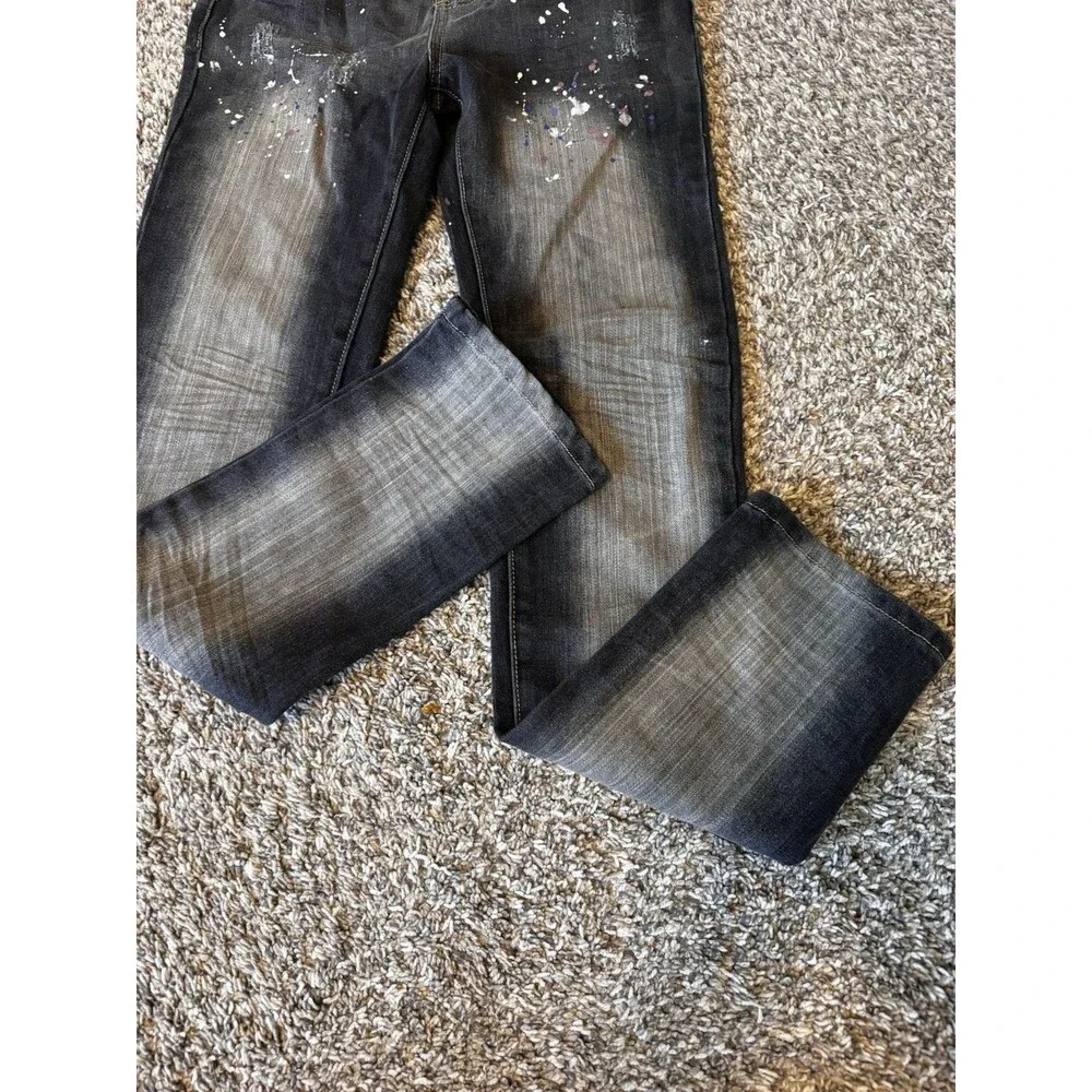 THRILL Girls Size 16 Black Jeans Distressed Paint Splatter Y2K Straight Leg